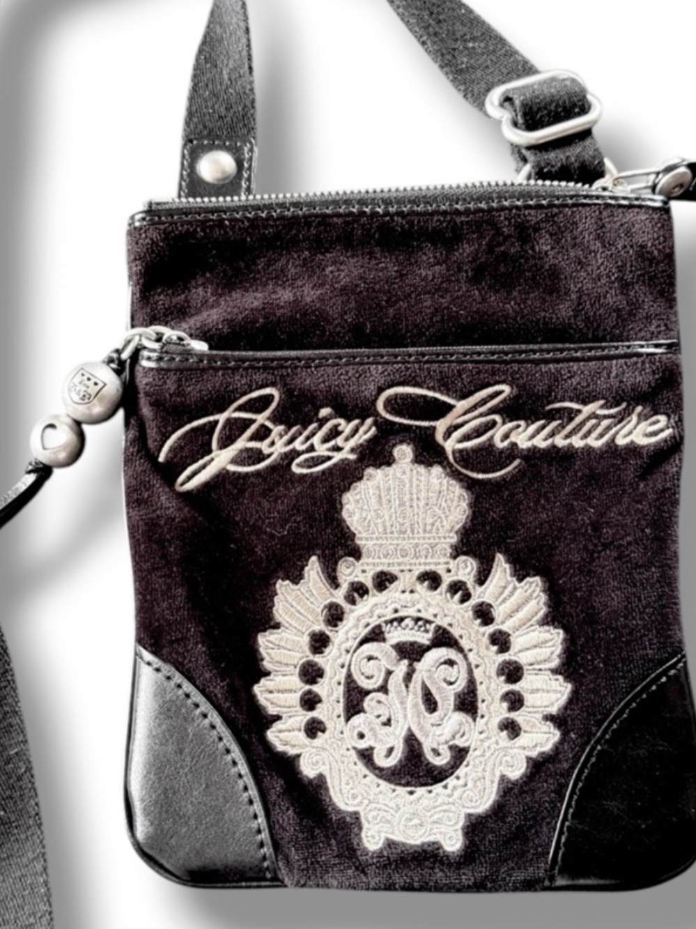 Vintage Juicy Couture Y2K Black Velour Embroidered Crossbody Bag